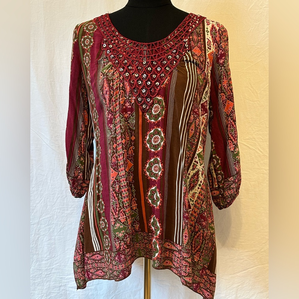 One World Live & Let Live Boho Embellished Tunic Top Size L